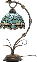 Tiffany Lamp Stained Glass Table Lamp Metal Leaf Base 8X10X19 Inch Reading Desk Light (Sea Blue Dragonfly)