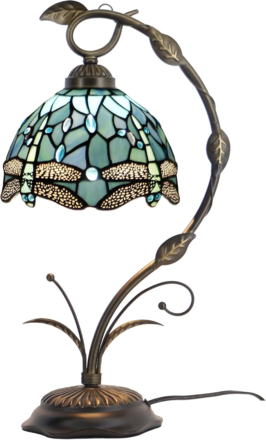 Tiffany Lamp Stained Glass Table Lamp Metal Leaf Base 8X10X19 Inch Reading Desk Light (Sea Blue Dragonfly)