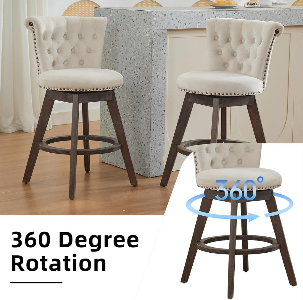 Velvet Bar Stools Set of 2, Modern Swivel Counter Height Stools, Upholstered Kitchen Island Chairs with Button Tufted Back, Rivet Trim, Solid Wood Legs, 25' H Seat, Beige