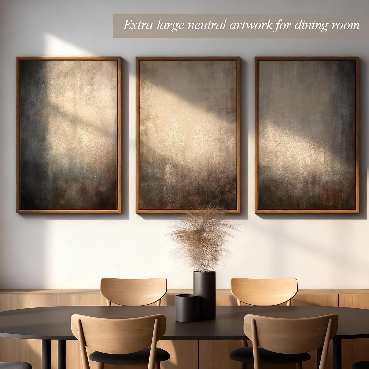 Vaskuro Extra Large Framed Art, Handmade Textured Canvas Paintings, Neutral Abstract Light Brown Wall Decor for Living Room, 3 Pcs,24x36In, Modern Minimalist Cozy Artwork for Bedroom