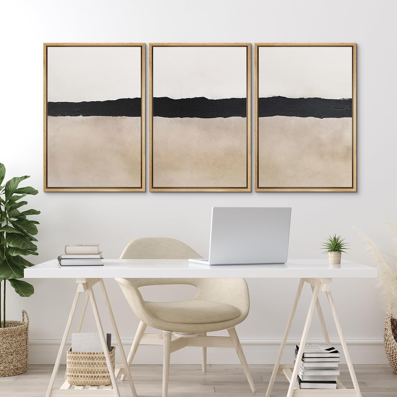 MUDECOR Framed Wall Art Print Set Minimalist Abstract Black Horizontal Brushstroke Illustrations Modern Art Boho Decorative Colorful Chic for Living Room, Bedroom, Office - 24'x36'x3 Natural
