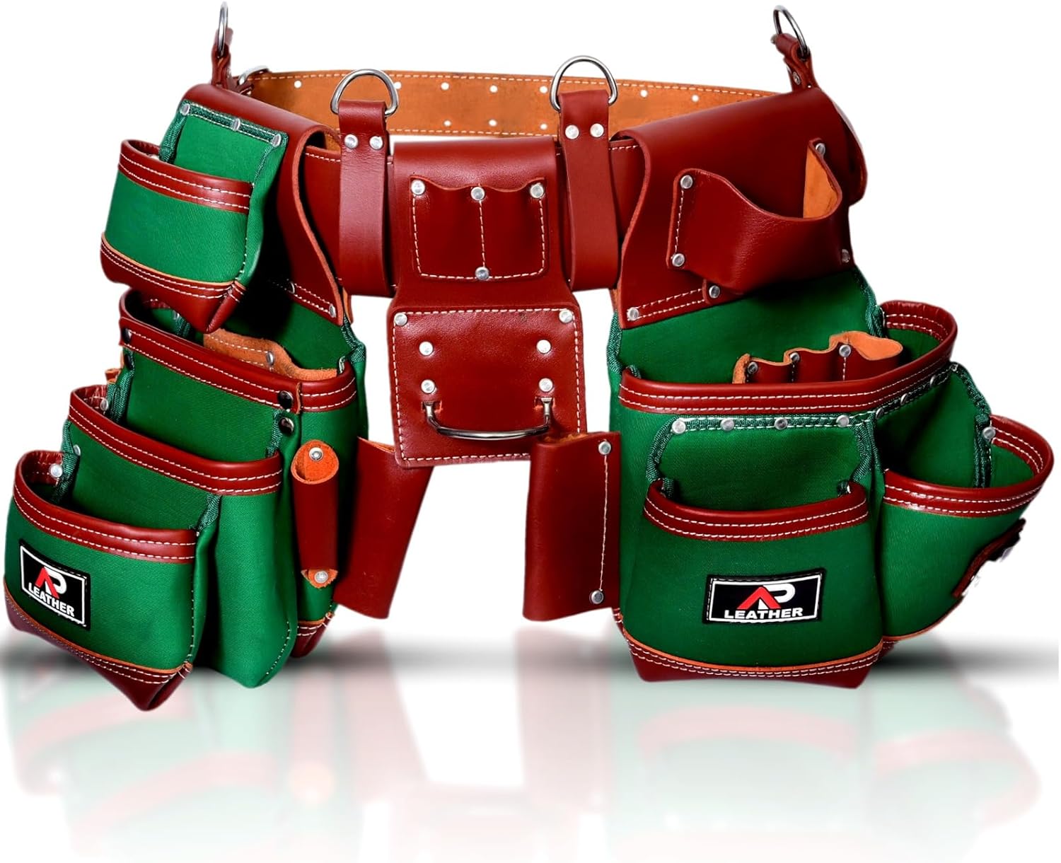 AP-LEATHER Full Grain Leather & Nylon Heavy-Duty Tool Belt Pouch with Suspender & Nylon, 28 Pocket, EVA Foam Padded Comfort, Adjustable 30'-50' Fit (Green)