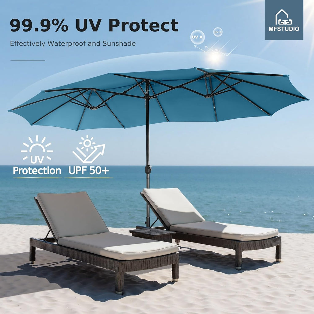MFSTUDIO 15ft Double Sided Patio Umbrella with Solar Lights, Outdoor Large Umbrellas with Crank Handle and 36 LED Lights, Rectangular Market Umbrella with Base Included for Deck Pool Shade, Cerulean