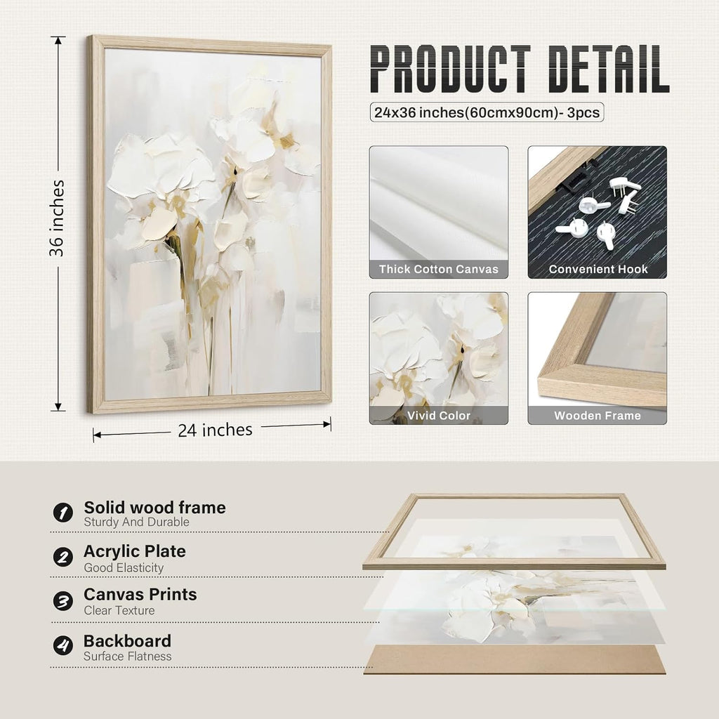 Neutral Wall Art Abstract Floral Canvas Pictures Beige Flower Wall Decor Modern Painting Minimalist Poster Abstract Botanical Prints White Artwork for Bedroom Living Room 24x36x3 Inch Wood Framed