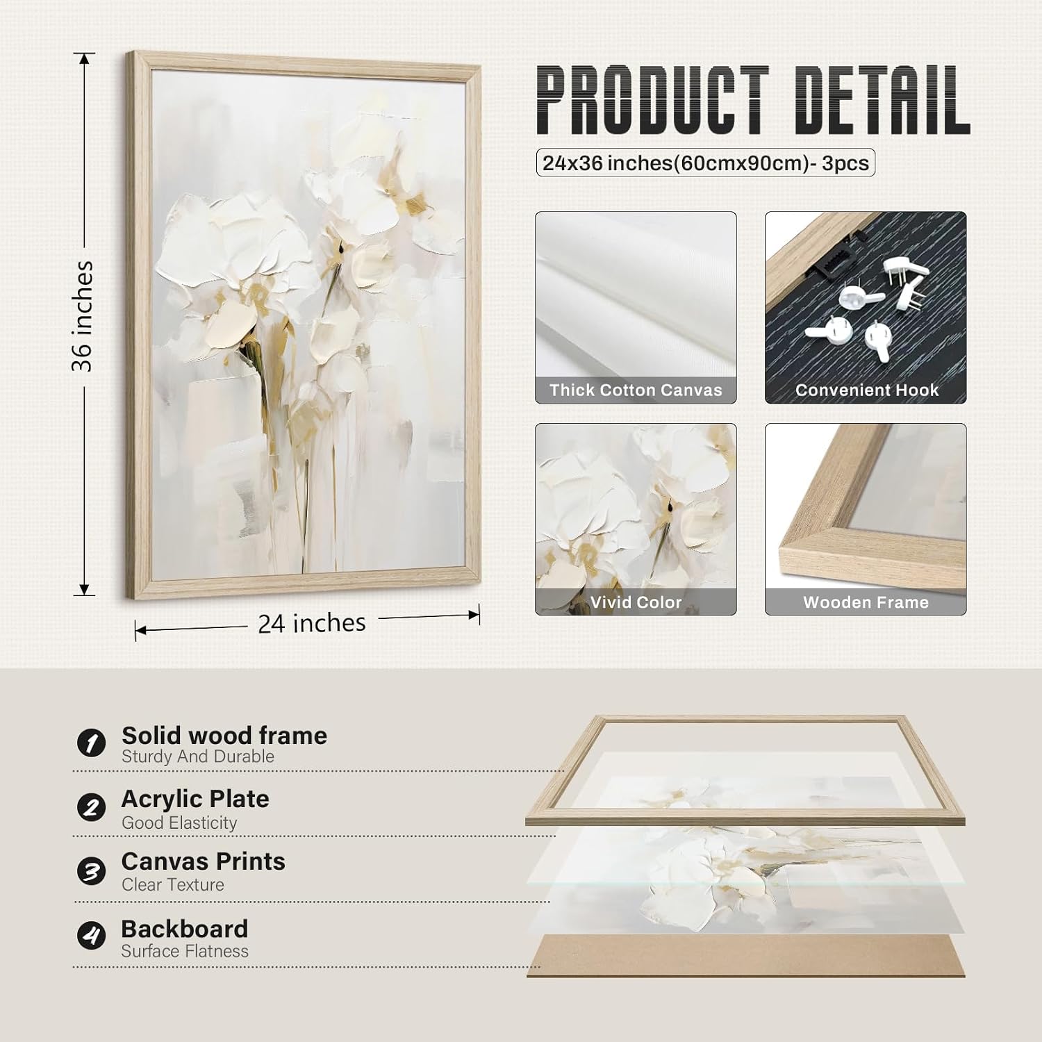 Neutral Wall Art Abstract Floral Canvas Pictures Beige Flower Wall Decor Modern Painting Minimalist Poster Abstract Botanical Prints White Artwork for Bedroom Living Room 24x36x3 Inch Wood Framed