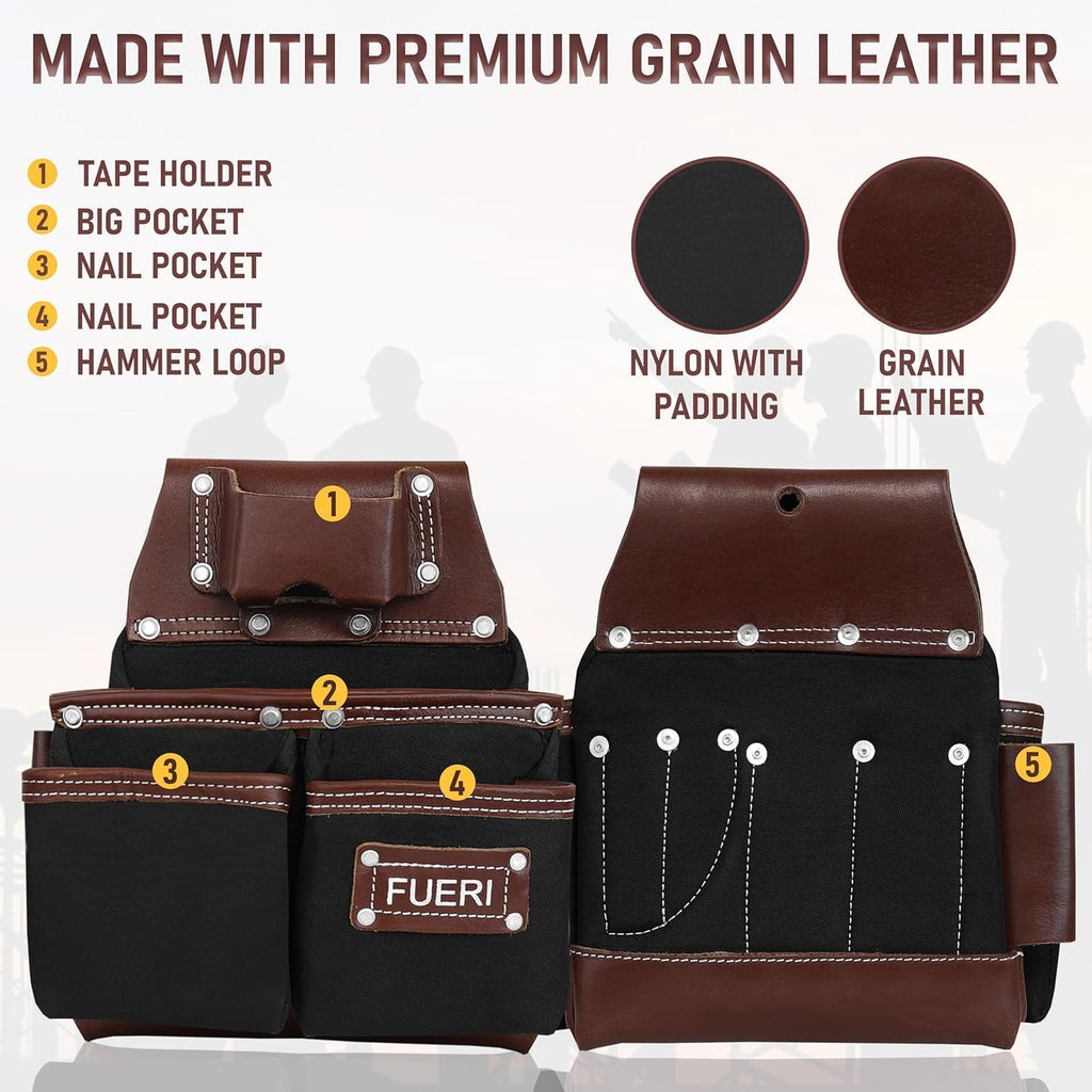 FUERI Nylon Tool Belt Bags Pouches Heavy Duty for Men Construction Carpenter Electrician Framer Work Black & Brown