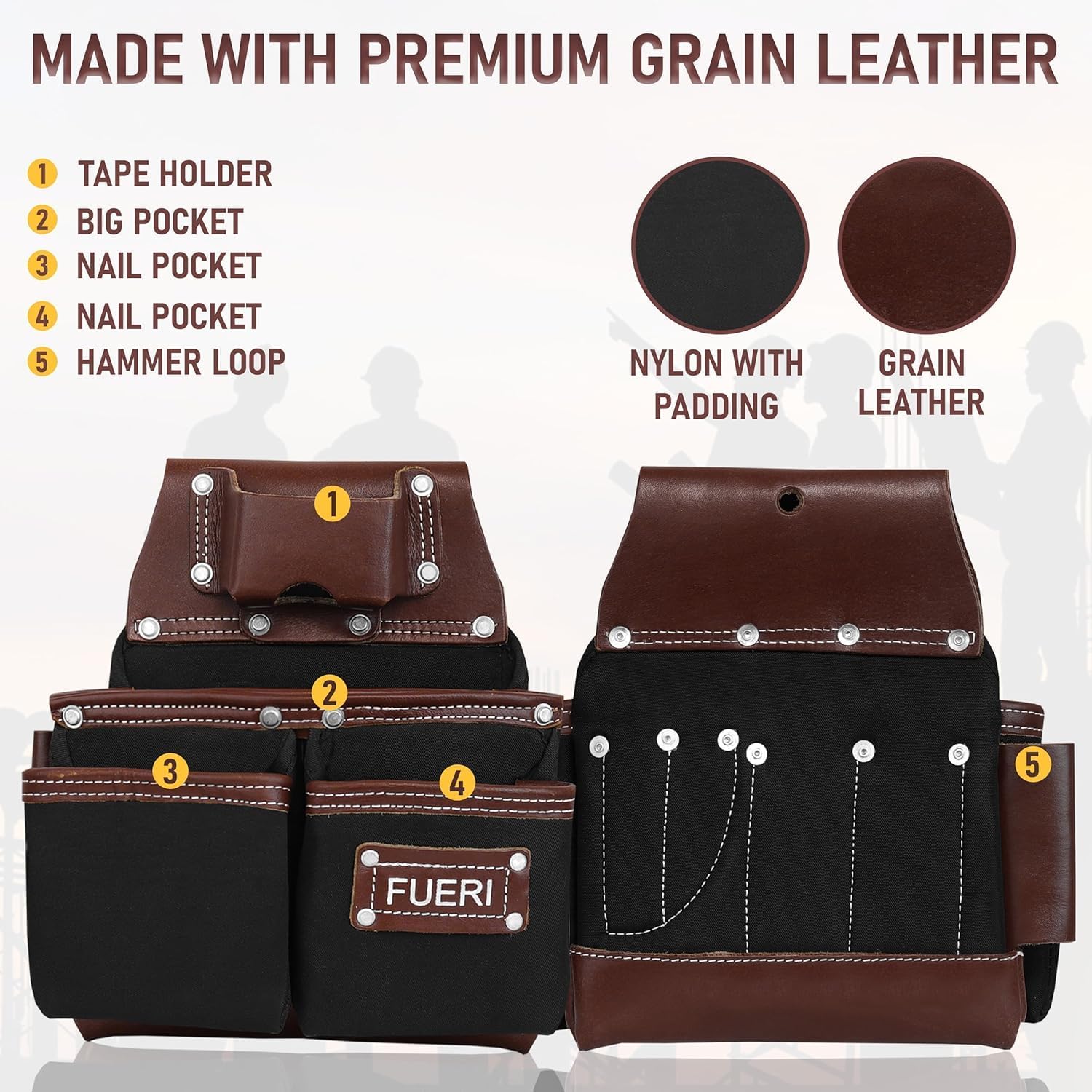 FUERI Nylon Tool Belt Bags Pouches Heavy Duty for Men Construction Carpenter Electrician Framer Work Black & Brown