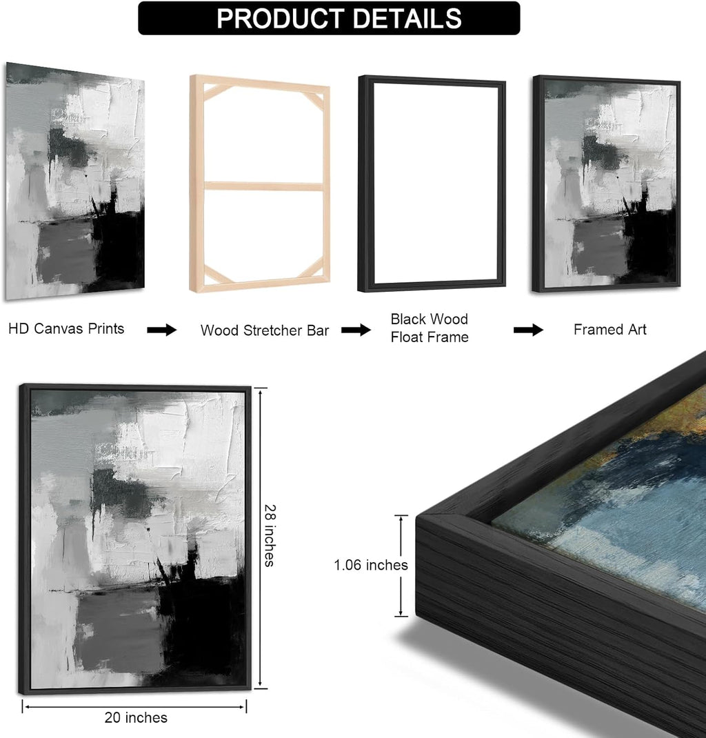 Large Framed Canvas Wall Art - Retro Grey Graffiti Pictures for Living Room Rustic Abstract Wall Decor Vintage Prints for Bedroom Dinning Room Black Float Framed 20' X 28' X 3 pcs