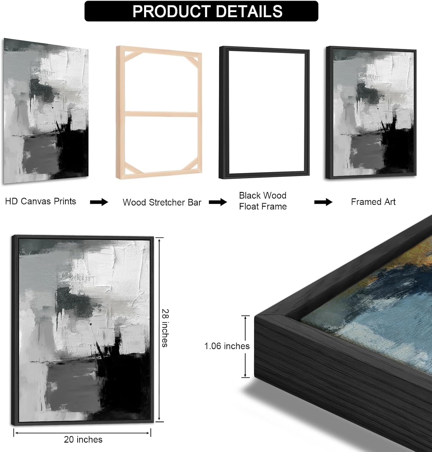 Large Framed Canvas Wall Art - Retro Grey Graffiti Pictures for Living Room Rustic Abstract Wall Decor Vintage Prints for Bedroom Dinning Room Black Float Framed 20' X 28' X 3 pcs