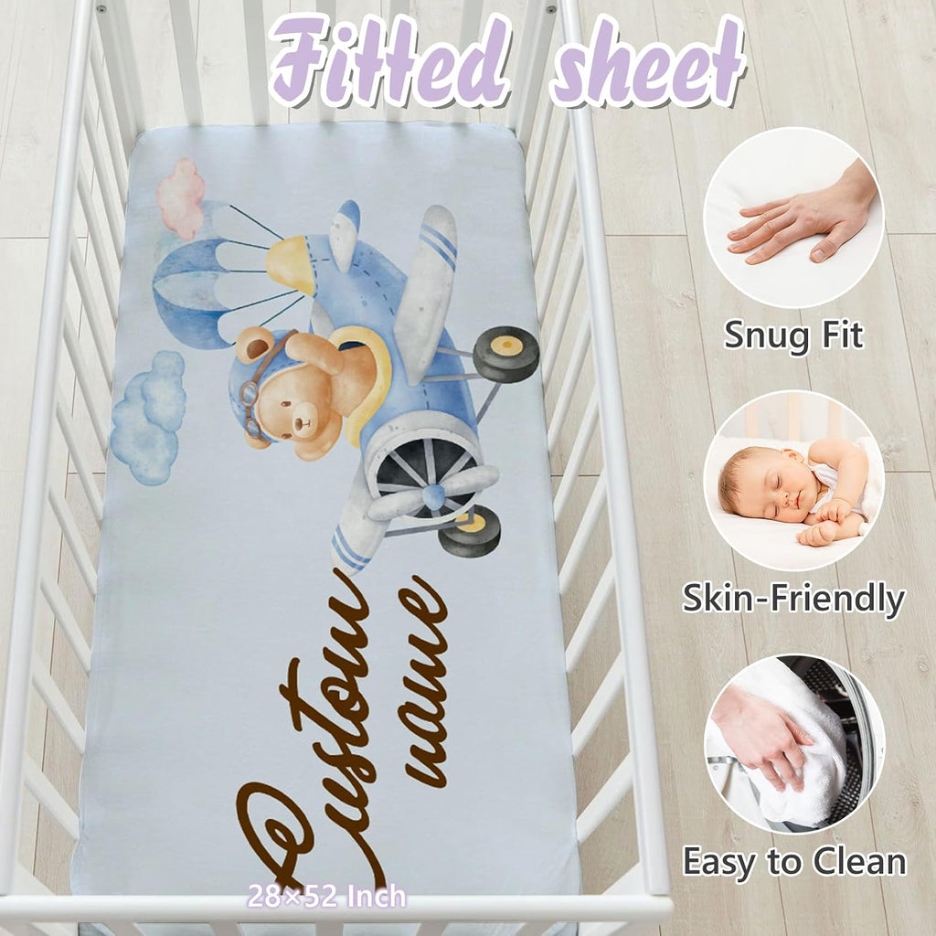 Custom Baby Crib Bedding Set, 5 PCS Personalized Name Baby Crib Sets for Girls Boys, Pilot Bear Theme Nursery Bedding Sets for Infant Toddler, Double Layer Flannel Bed Set Customized Gifts