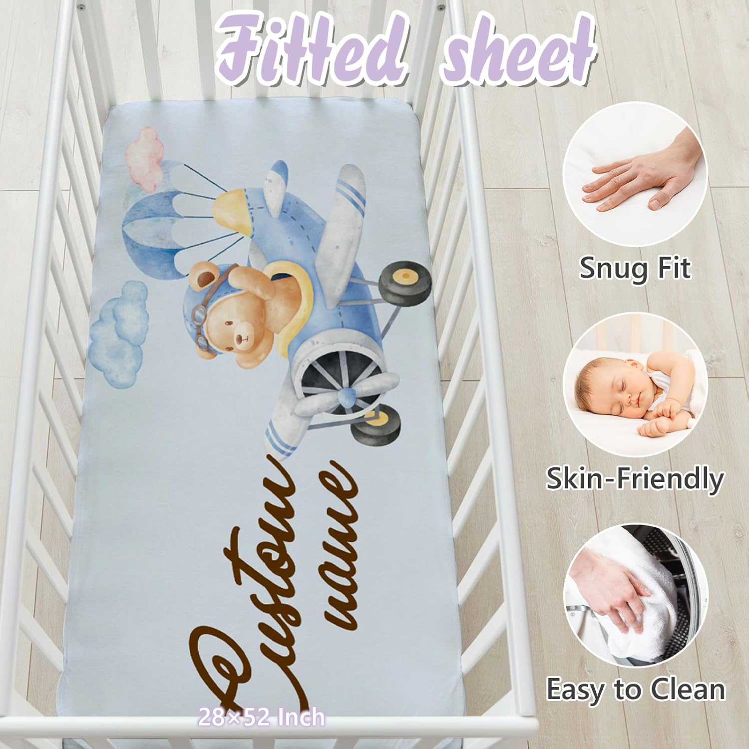 Custom Baby Crib Bedding Set, 5 PCS Personalized Name Baby Crib Sets for Girls Boys, Pilot Bear Theme Nursery Bedding Sets for Infant Toddler, Double Layer Flannel Bed Set Customized Gifts