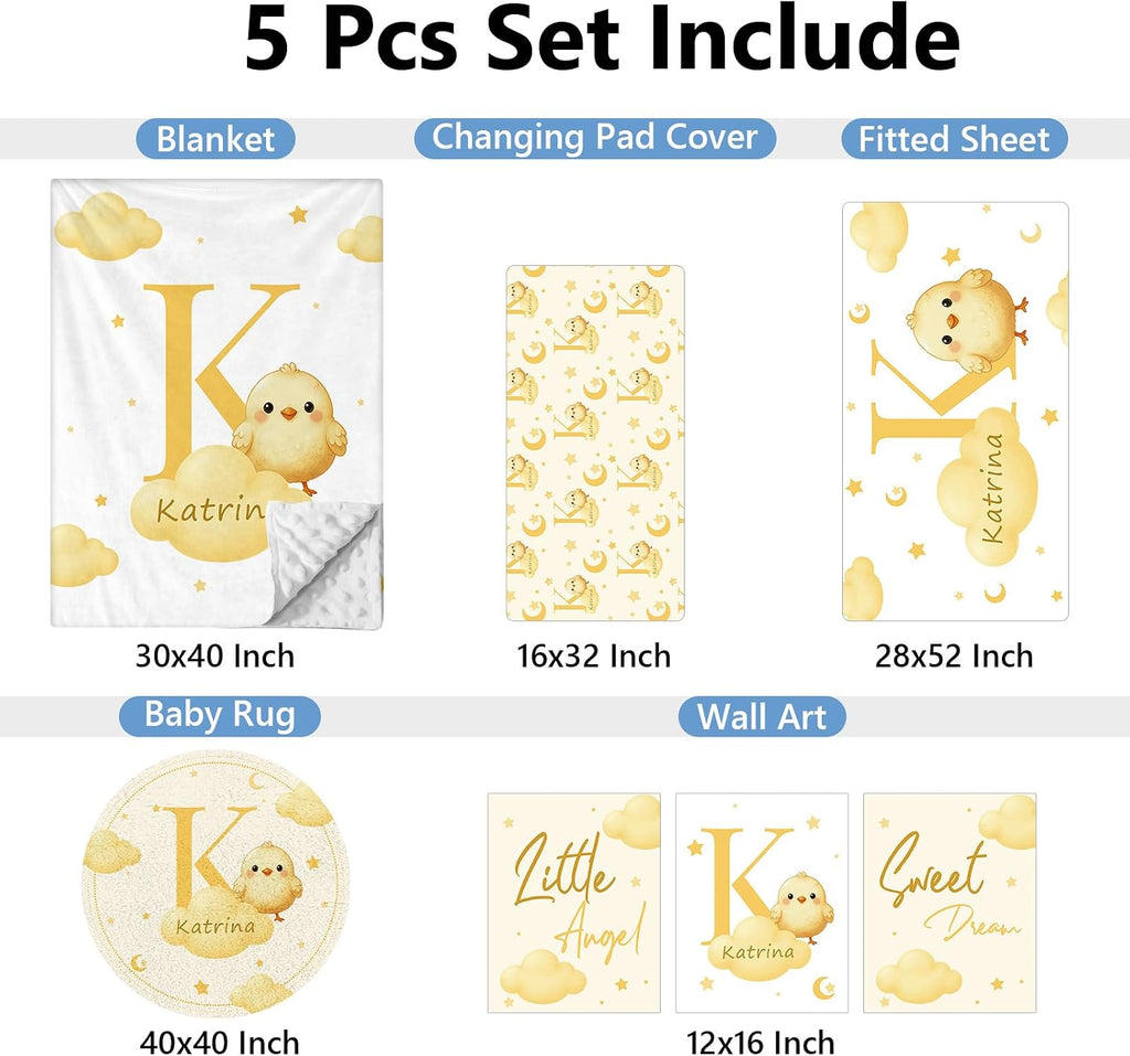 KAINSY Custom Crib Bedding Set, 5 Pcs Personalized Name Monogram Baby Crib Sets for Infants Toddlers, Yellow Chick Nursery Bedding Set for Boys Girls, Double Layer Baby Bedding Sets Customized Gifts