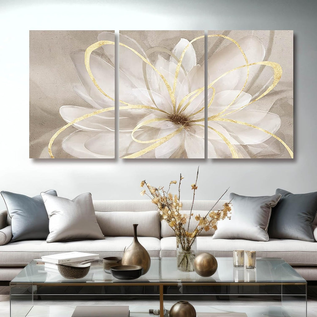 Kureful Gold Wall Art Pictures for Bedroom Flowers Wall Decor Floral Posters Art 3 Piece Wall Decorations Minimalist Decor for Walls 20'x 26'x 3