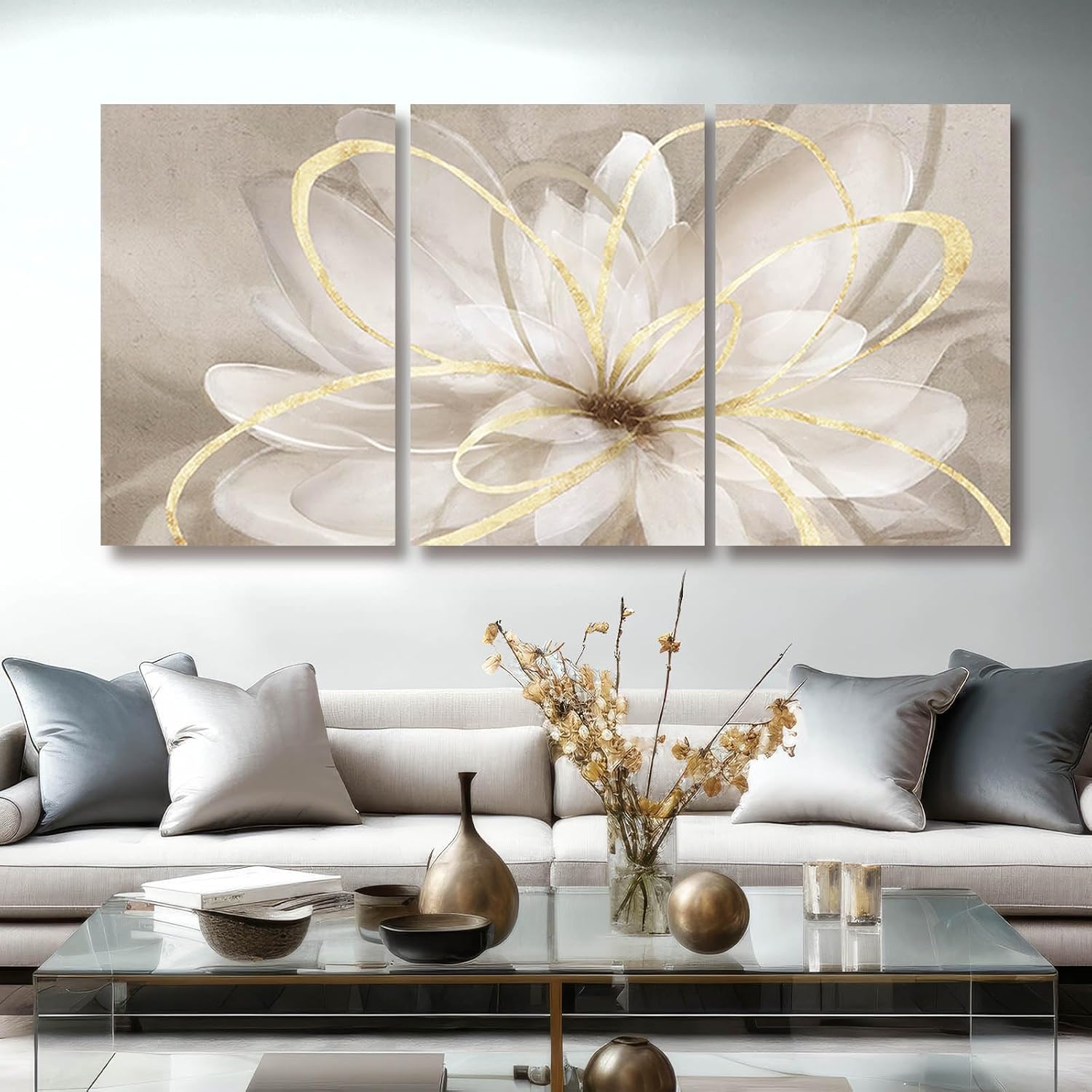 Kureful Gold Wall Art Pictures for Bedroom Flowers Wall Decor Floral Posters Art 3 Piece Wall Decorations Minimalist Decor for Walls 20'x 26'x 3