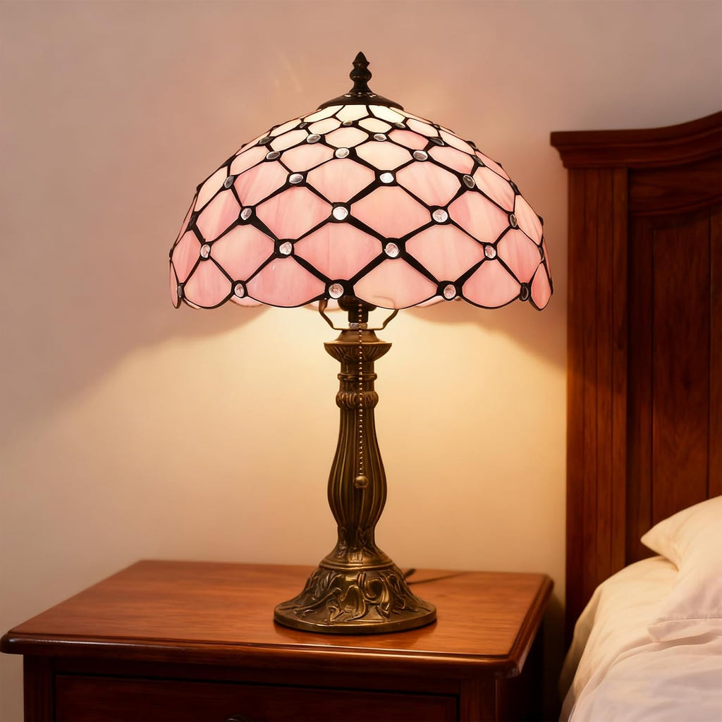 MOAN Lamp Stained Glass Table Lamp 12X12X19 Inch Bedside Reading Light Antique Bronze Base(Pink Pearl Style)