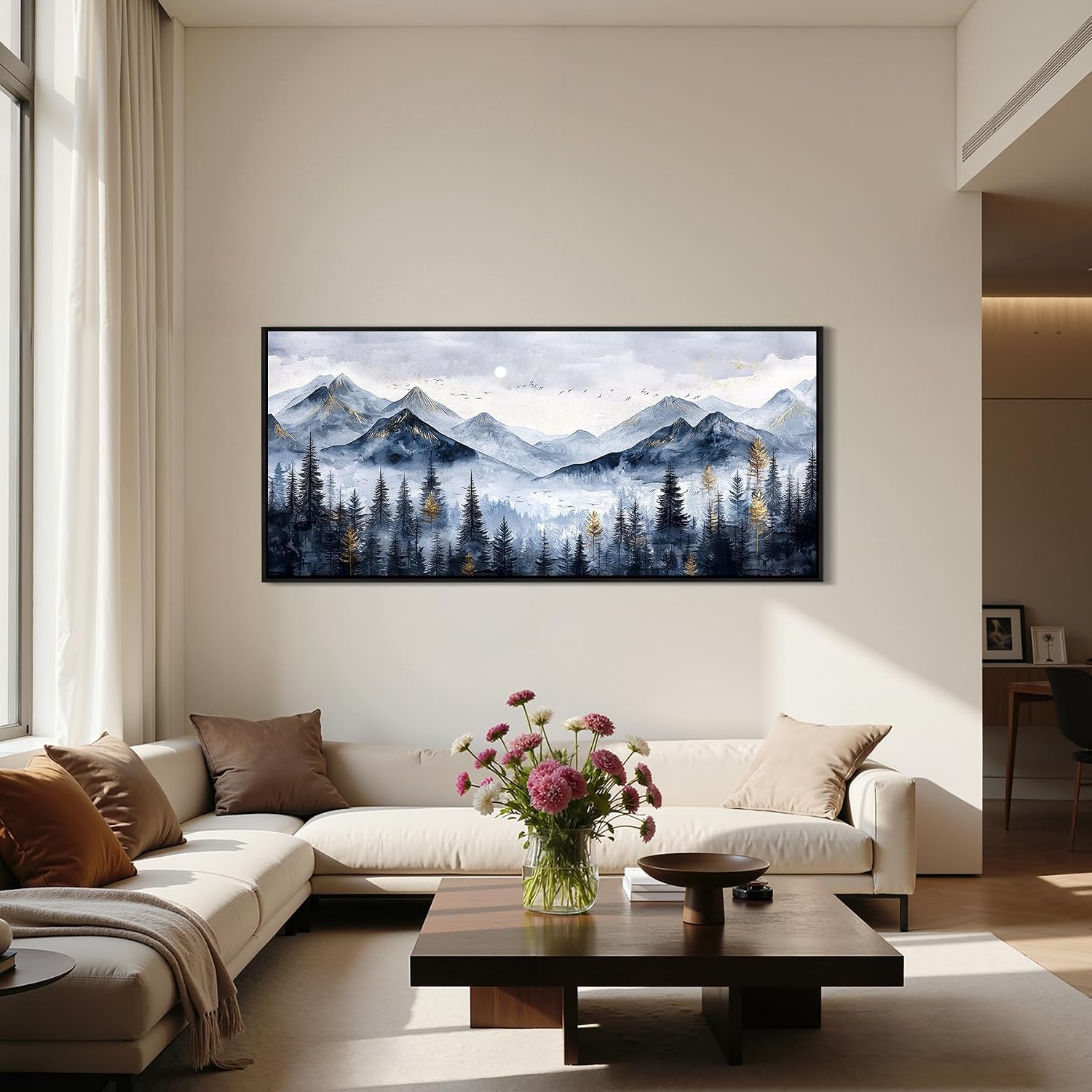 SERIMINO Extra Large Framed Mountain Forest Wall Art, 32'x71', Misty Pine Tree Watercolor in Blue Gold, Nature Scenery Canvas Wall Decor for Living Room, Bedroom, Office Decor