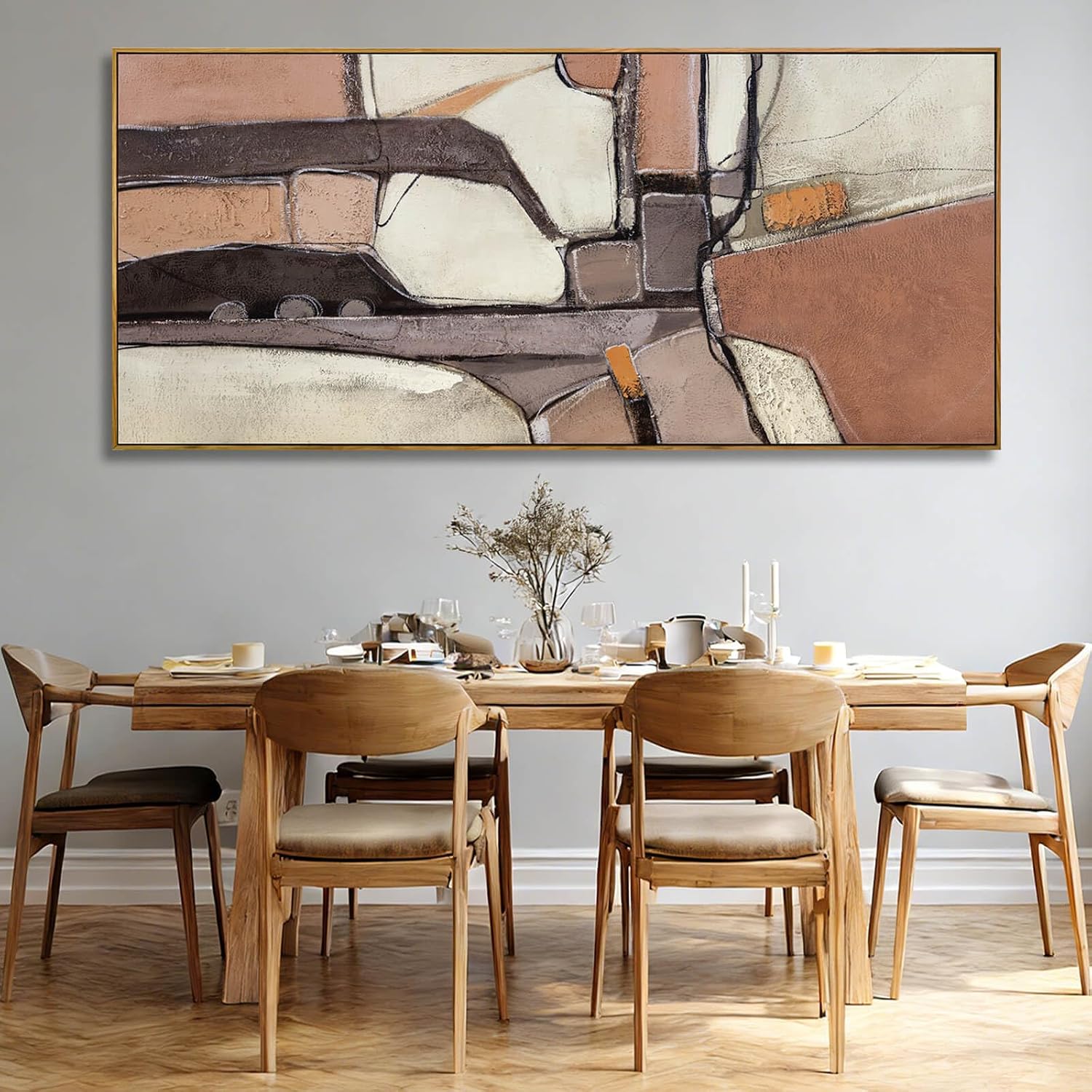 ZENPEE Brown & Grey Abstract Canvas Wall Art 32x71, Neutral Off-White Geometric Design with Wooden Frame, Modern Oversized wall art for living room