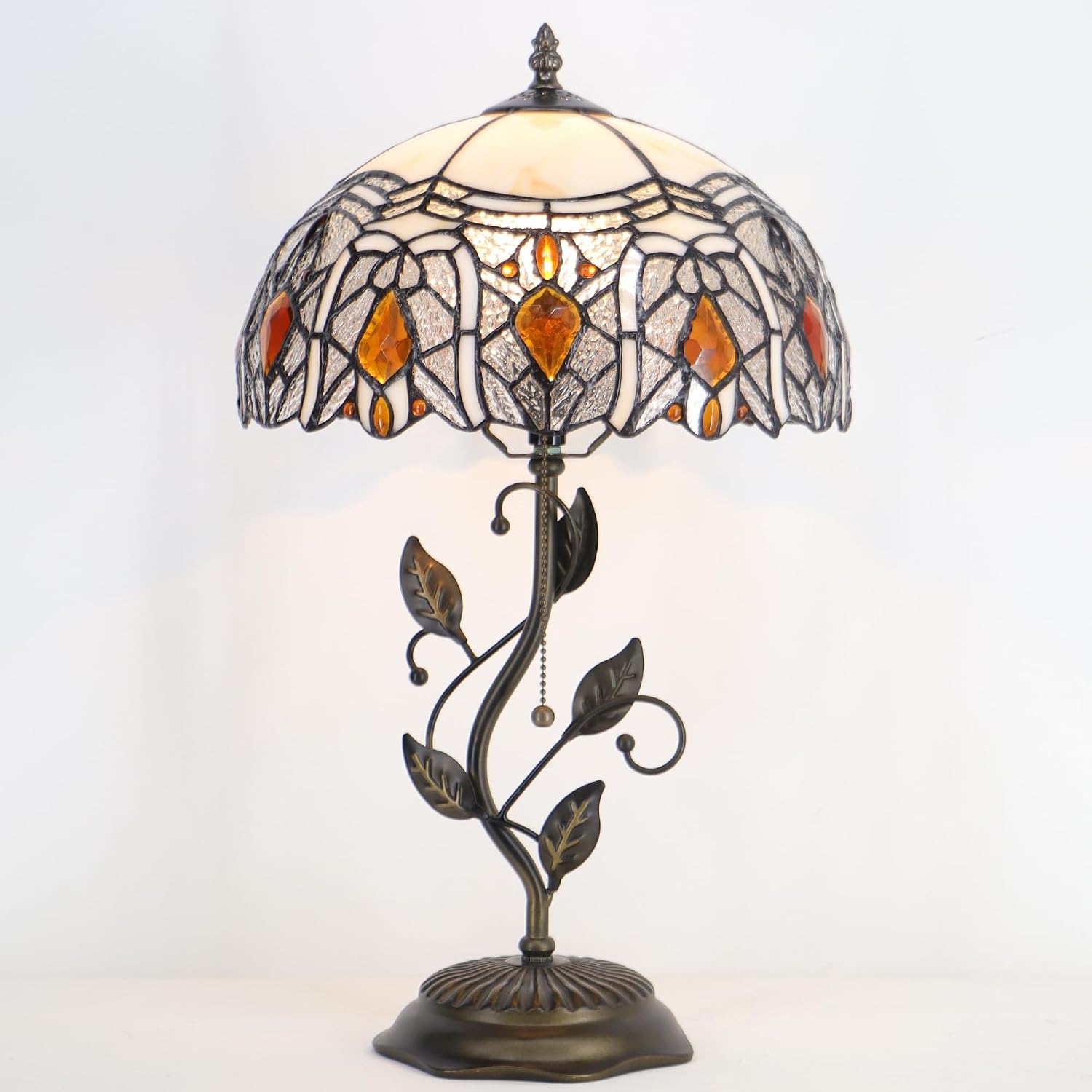 Tiffany Table Lamp Stained Glass Desk Lamp Metal Leaf Base Reading Light 12X19 Inch (Crystal Style)