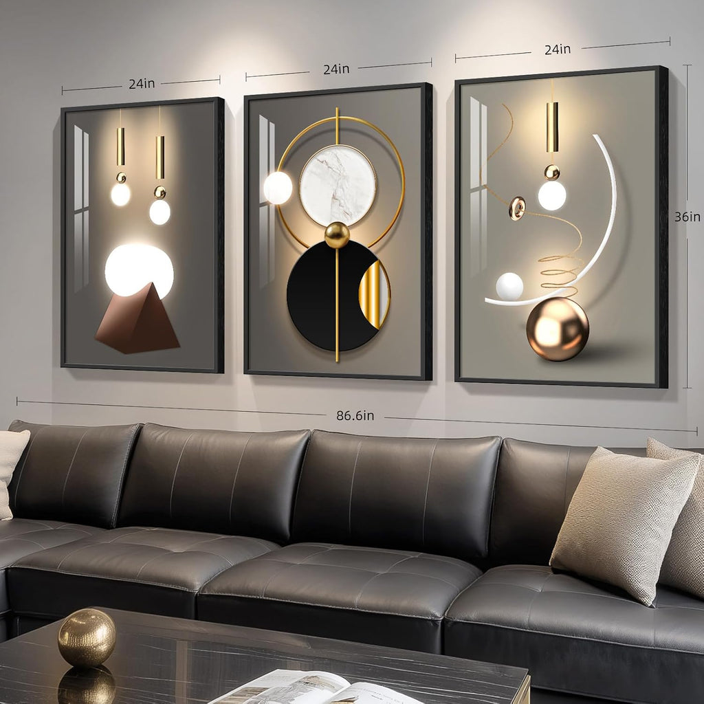 Framed Large Modern Abstract Wall Art for Living Room, Set of 3 Piece Black and White Gold Luxury Artworks, Geometric Painting Print for Dining Room Entryway Hallway Home Office Wall Decor, 24x36 In