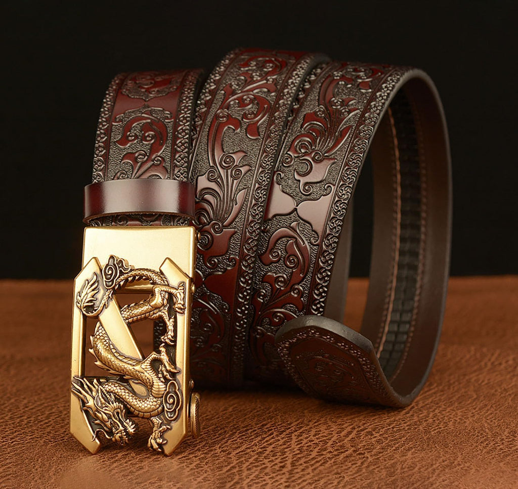 Mens Ratchet Leather Belt, Genuine Leather belts, Engraved Vintage Dragon Eagle Tiger Buckle, Business leisure belt