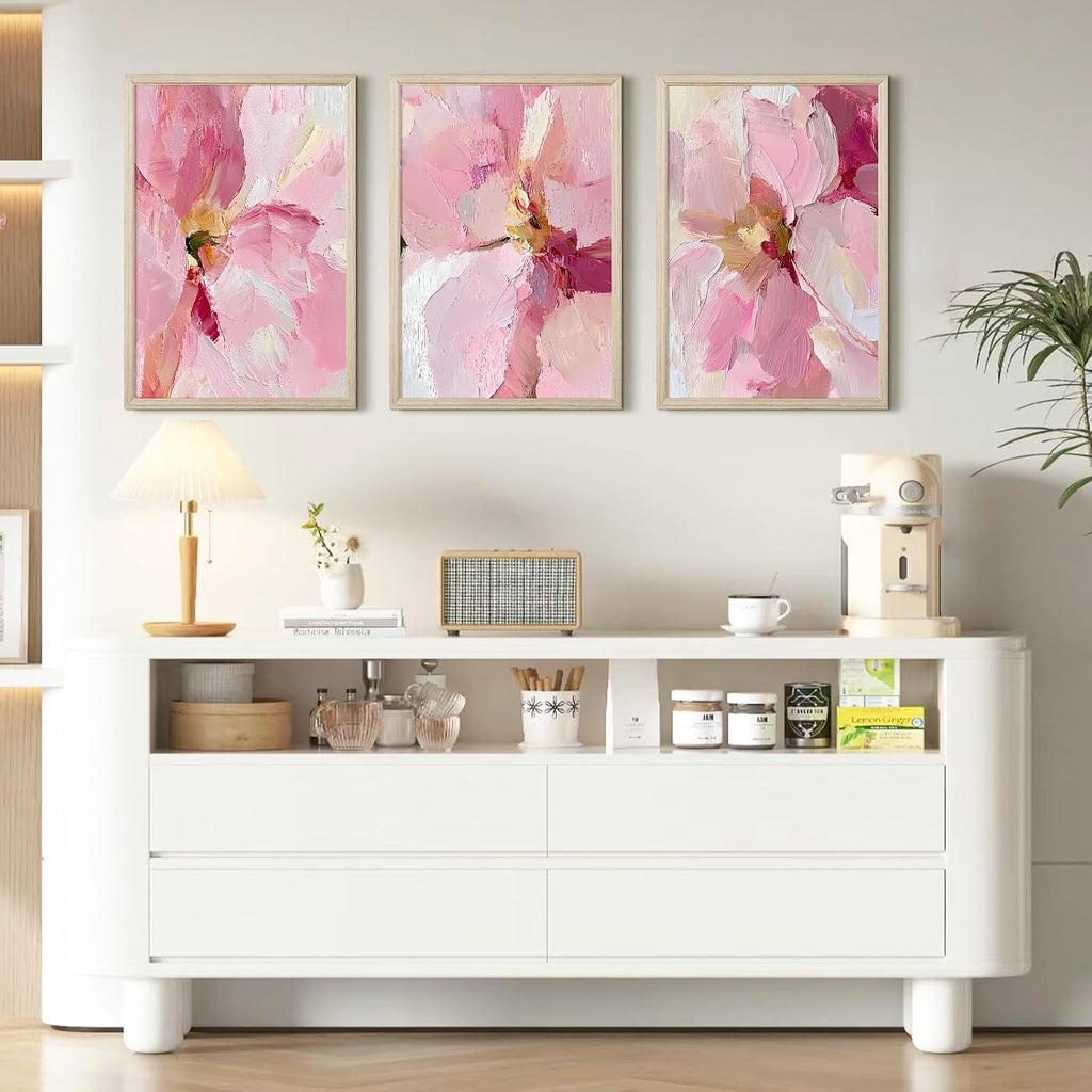 Abstract Floral Wall Art Pink Flower Canvas Pictures Modern Wall Decor Blush Pastel Pink Prints Peony Painting Minimalist Poster Botanical Artwork for Bedroom Living Room 24x36x3 Inch Wood Framed