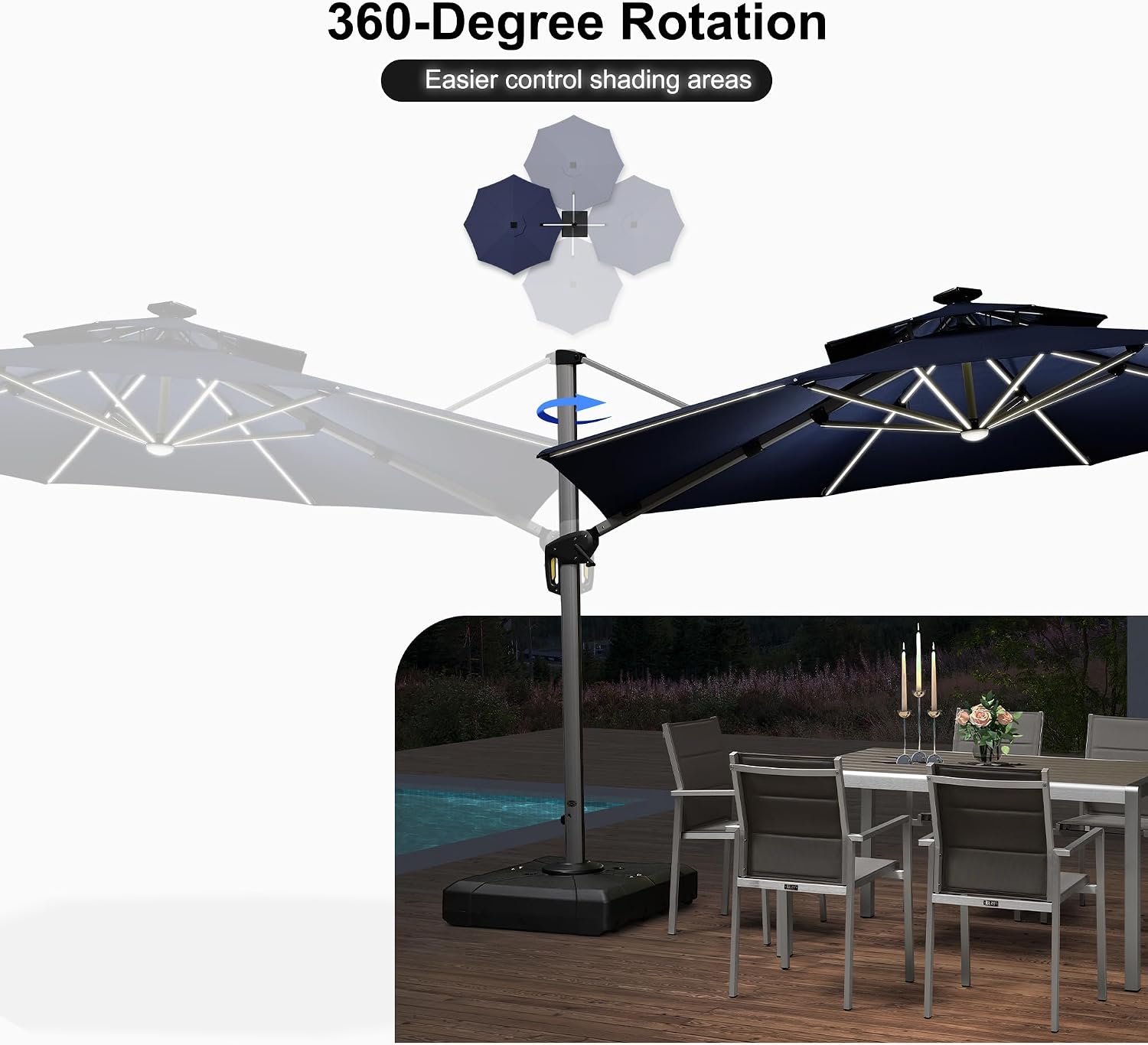 PURPLE LEAF 12ft Solar powered LED Patio Umbrella Outdoor Round Umbrella Large Cantilever Umbrellas with LED lights Windproof Offset Umbrellas Sun Umbrella for Garden Deck Pool Patio, Navy Blue