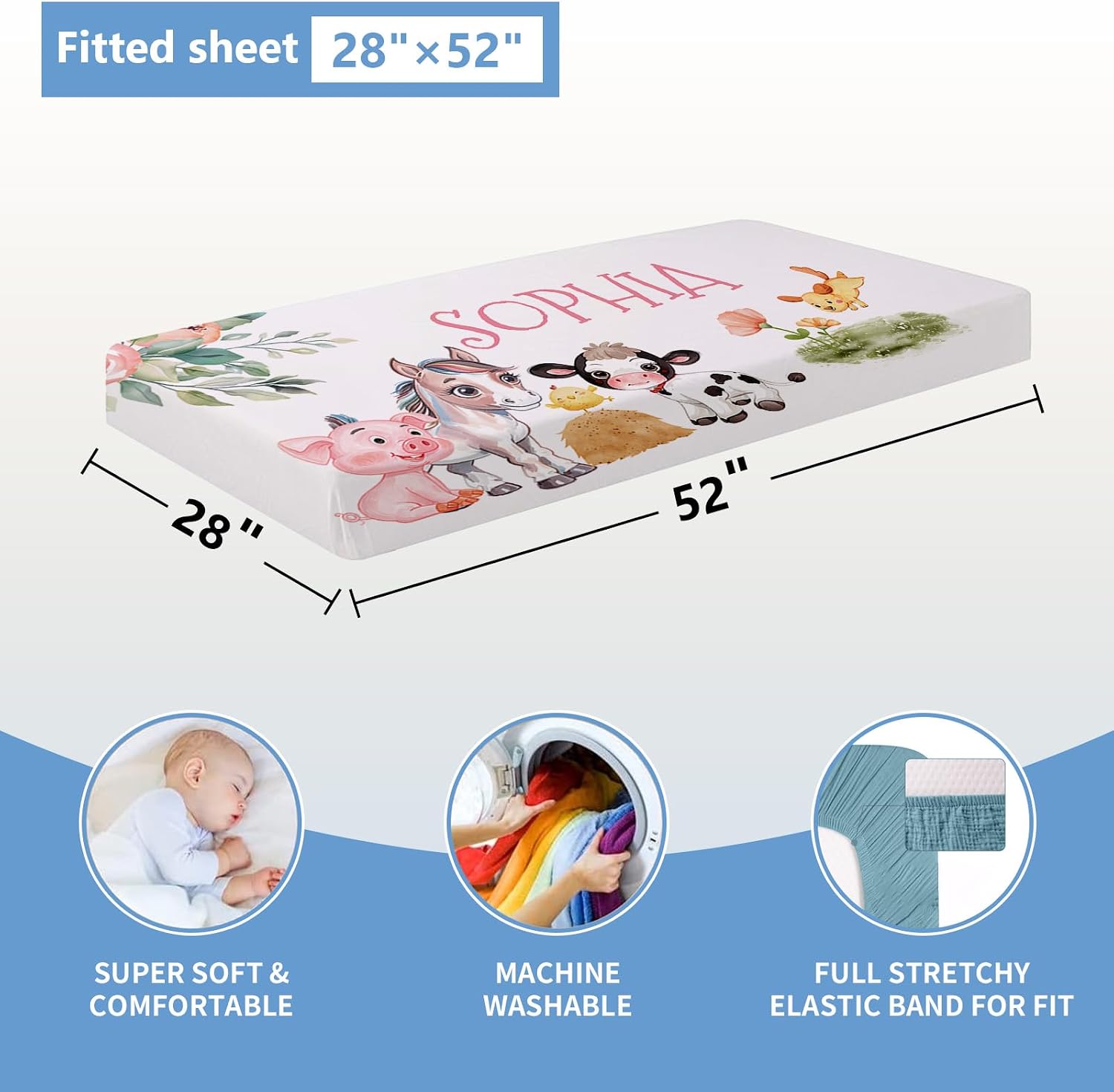 KAINSY Personalized Baby Bedding Set, 5 Pcs Custom Crib Set With Name, Double Layer Nursery Bedding, Soft Farm Animal Set for Boy Girls, Customized Gift for Toddler Infant