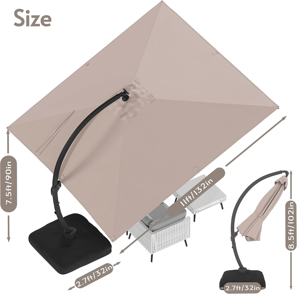 ENSTVER 11x11ft Large Cantilever Umbrella With Base Included & Solar Powered Led Lights, Deluxe Curvy All-Aluminum Rectangular Patio Umbrella For Deck, Pool And Backyard (Champagne)