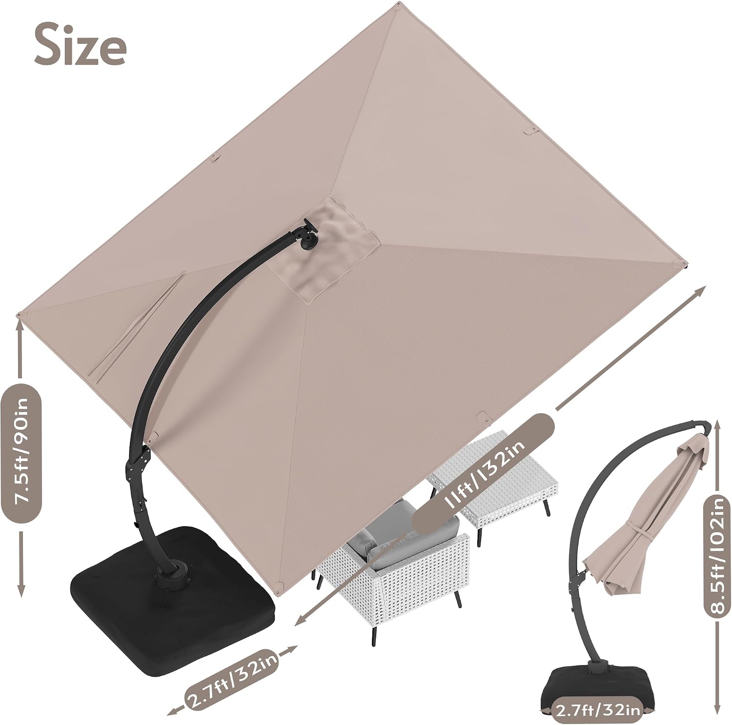 ENSTVER 11x11ft Large Cantilever Umbrella With Base Included & Solar Powered Led Lights, Deluxe Curvy All-Aluminum Rectangular Patio Umbrella For Deck, Pool And Backyard (Champagne)