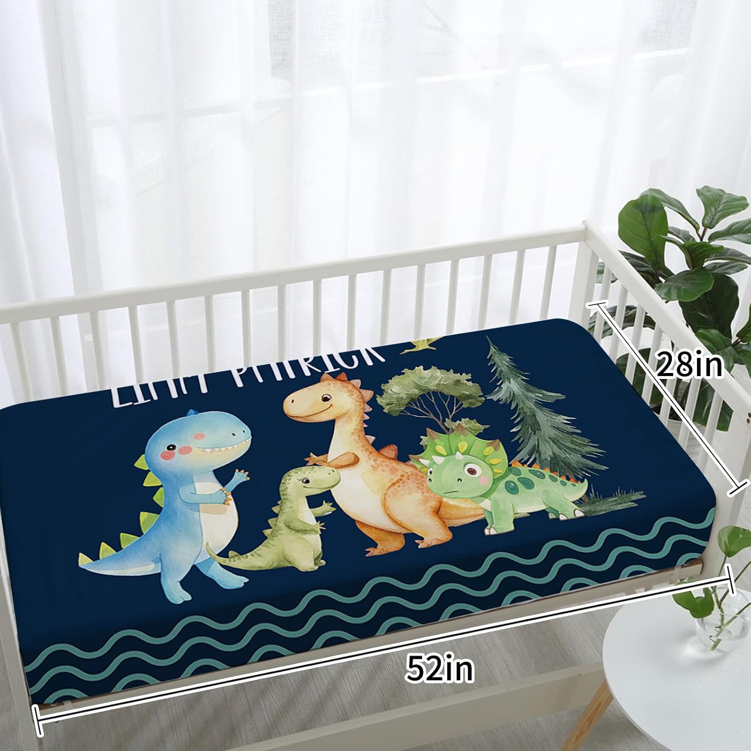TOOTANN Custom Baby Crib Bedding Set, 5 Pcs Personalized Name Baby Crib Sheets for Kid Toddler Infant, Dark Blue Cartoon Dinosaurs Nursery Bedding Set