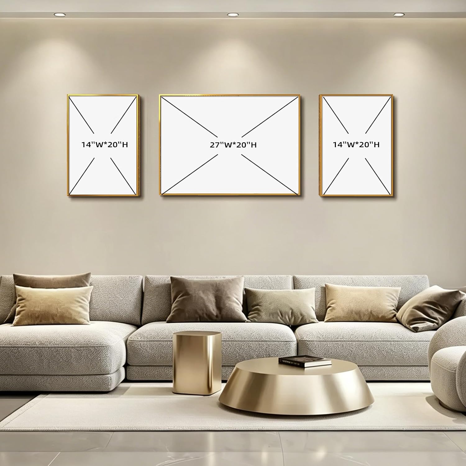 Azartslr Large Framed Modern Rose Gold Wall Art, Luxury 3 Pieces Aluminum Alloy Wall Decor for Living Room, Abstract Gold and Beige Home Bedroom Art Painting, Geometric Crystal Porcelain Artwork Dining Room Pictures Decoration