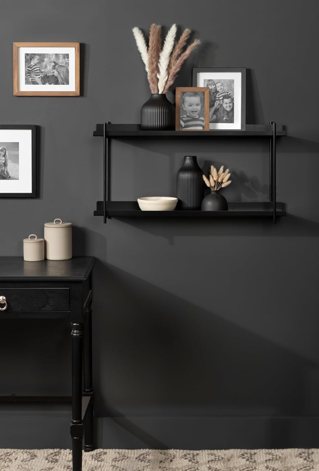 Kate and Laurel Dominic Modern Metal Bathroom Shelf; 28 x 7 x 15; Black; Contemporary Sleek 2-Tier Floating Shelves for Wall Decor; Display; and Over Toilet Storage