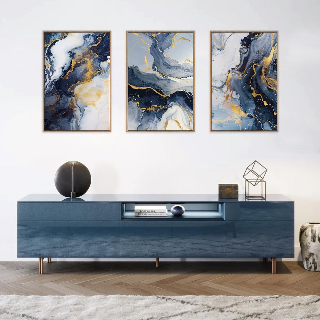 Navy Blue and Gold Framed Canvas Wall Art Set,Mid-Century Modern Abstract Wall Decor,Navy Blue Ink Wash Painting,Neutral Art Print for Living Room,Bedroom,Dining Room,Office - 24'x36'x3