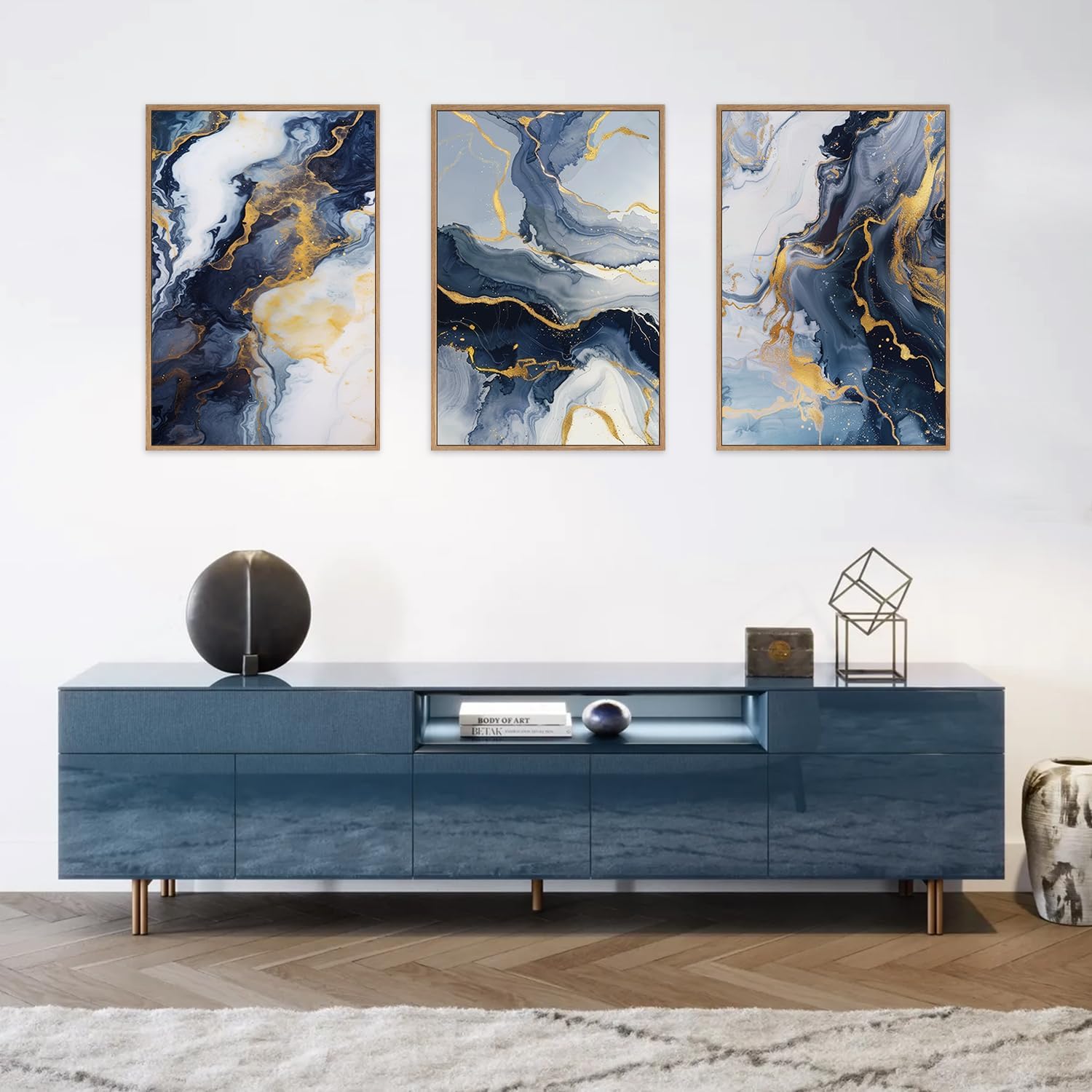 Navy Blue and Gold Framed Canvas Wall Art Set,Mid-Century Modern Abstract Wall Decor,Navy Blue Ink Wash Painting,Neutral Art Print for Living Room,Bedroom,Dining Room,Office - 24'x36'x3