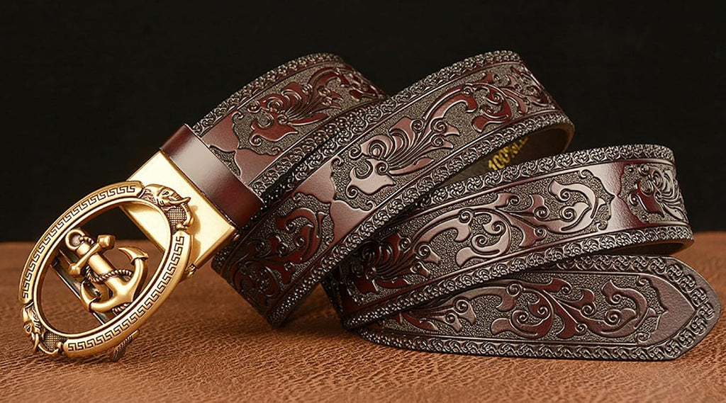Mens Ratchet Leather Belt, Genuine Leather belts, Engraved Vintage Dragon Eagle Tiger Buckle, Business leisure belt