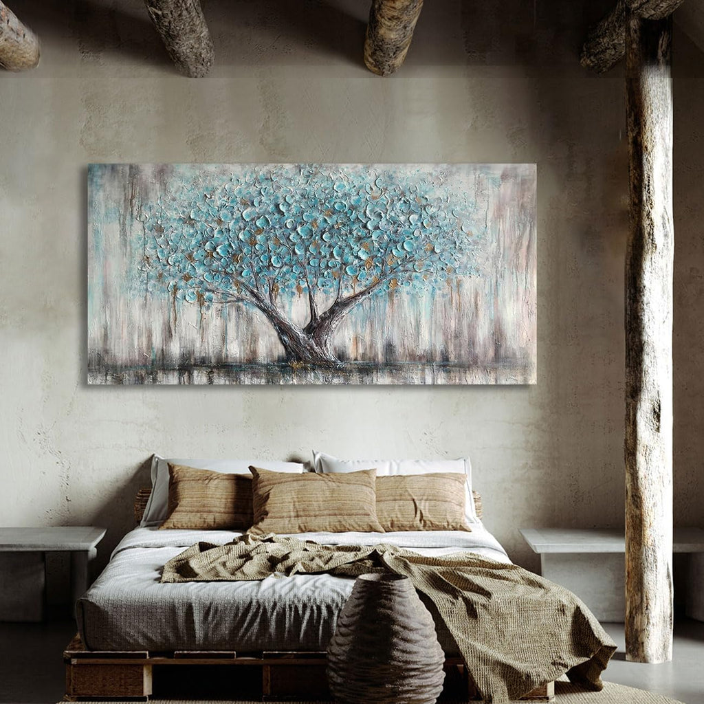 Arjun Tree Wall Art Canvas for Living Room Blue Tree of Life Nature Teal Abstract Textured Painting Picture Modern Panoramic Landscape Artwork Framed Bedroom Home Office Decor, Extra Large 58'x29'