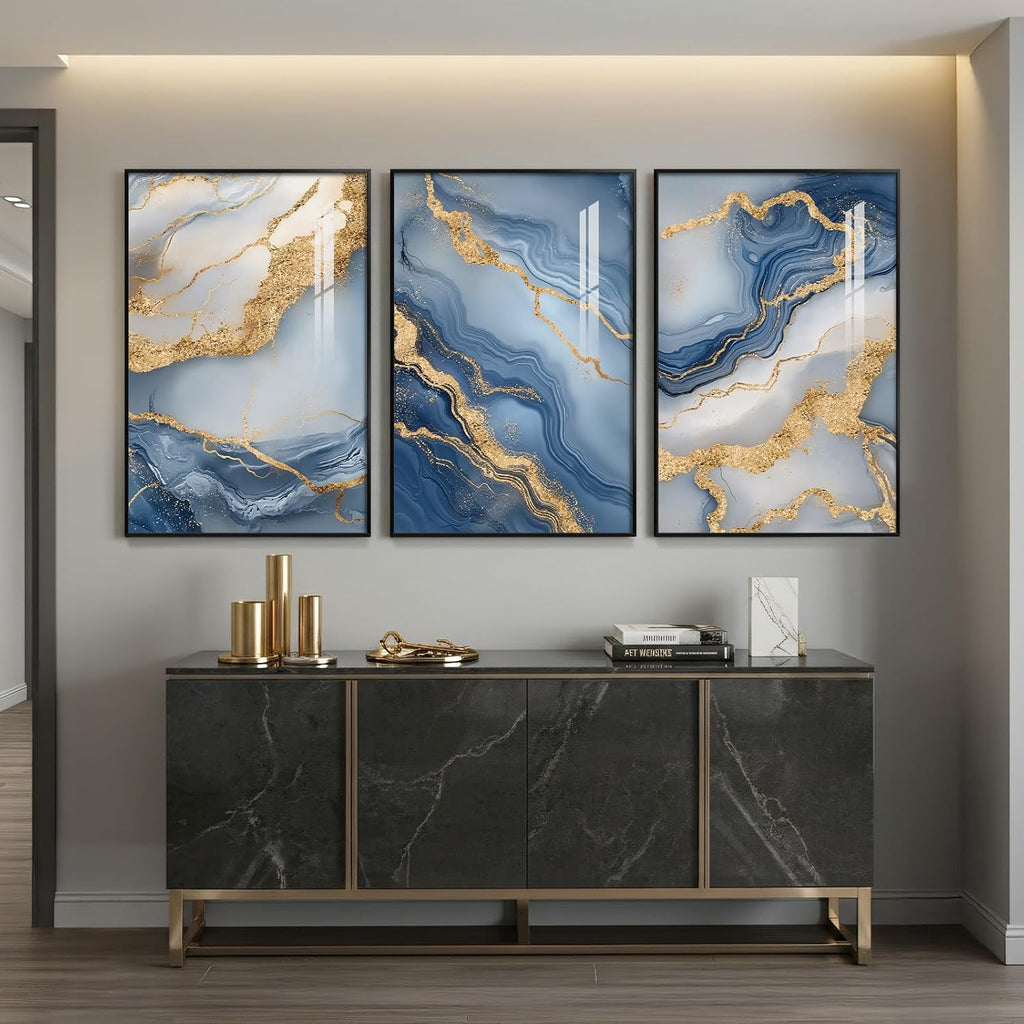 Large Framed Abstract Wall Art for Living Room, Modern Luxury 3 Piece Blue Gold White Prints Paintings for Walls, Elegant Marble Pattern Pictures for Dining Bedroom Hallway Office Home Decor 24x36 In