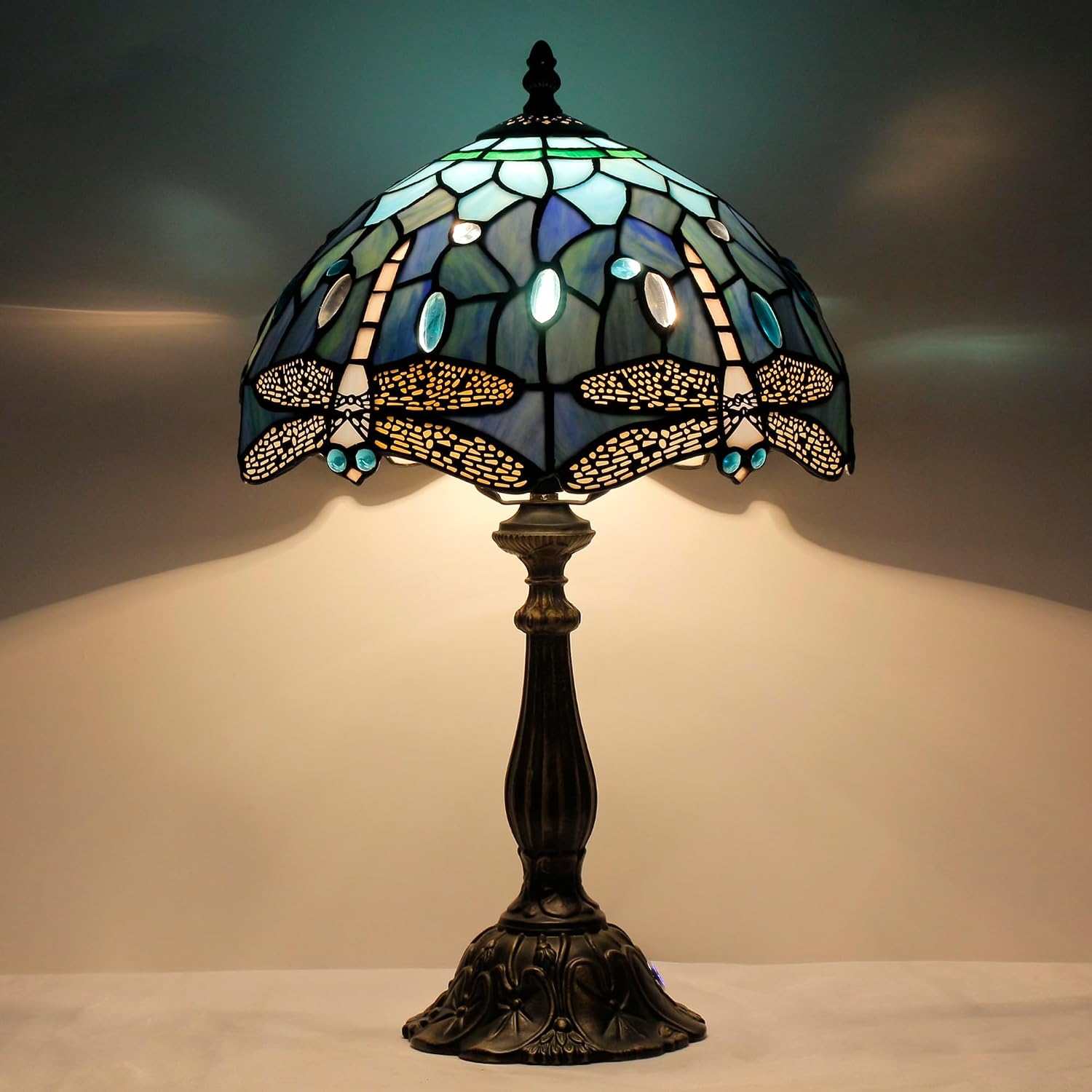 Tiffany Lamp Touch Control Table Lamp Blue Stained Glass Desk Lamp 12X12X19 Inches Dragonfly Style Reading Light
