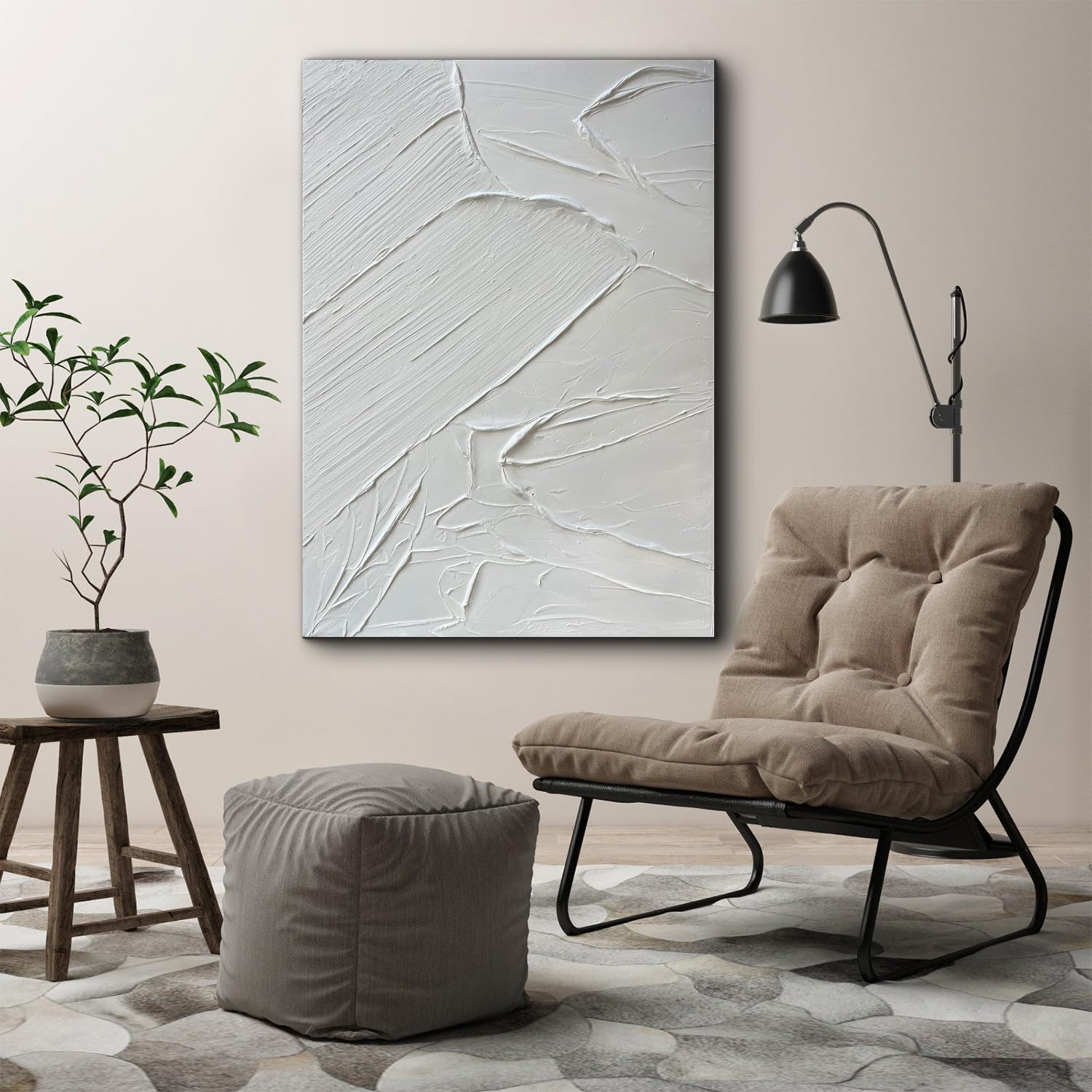Creespi White Textured Wall Art - Hand Painted Abstract Oil Painting 28x40 inch,Contemporary Minimalist Art Painting for Wall Decor