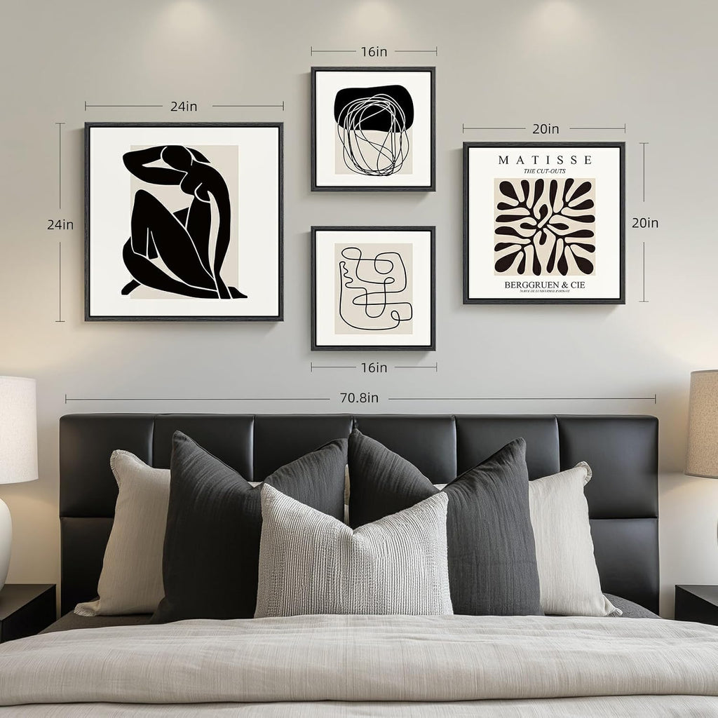 Framed Matisse Abstract Wall Art for Living Room, Set of 4 Piece Black and White Modern Canvas Artworks, Mid Century Neutral Beige Minimalist Painting Prints for Bedroom Hallway Office Wall Decor