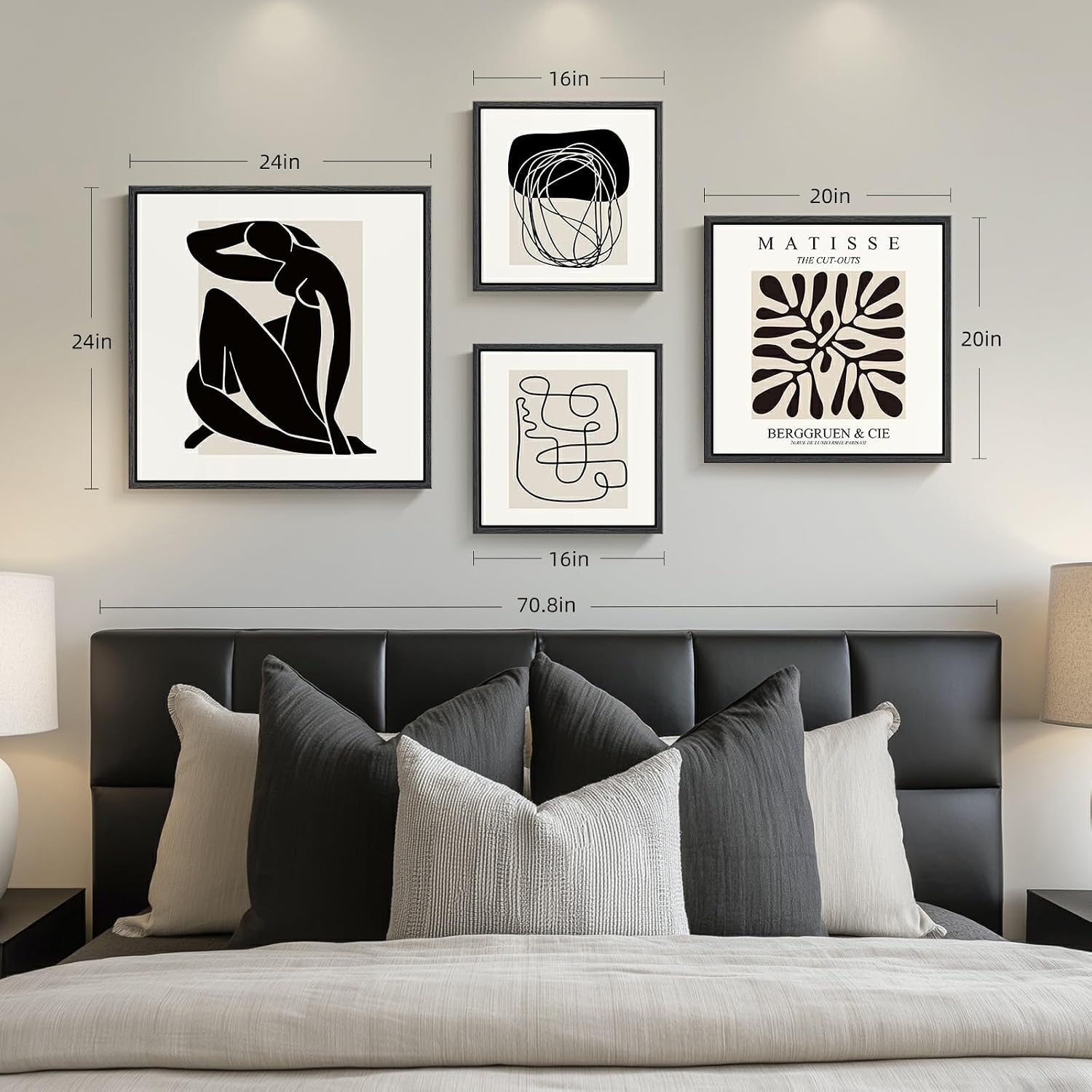 Framed Matisse Abstract Wall Art for Living Room, Set of 4 Piece Black and White Modern Canvas Artworks, Mid Century Neutral Beige Minimalist Painting Prints for Bedroom Hallway Office Wall Decor