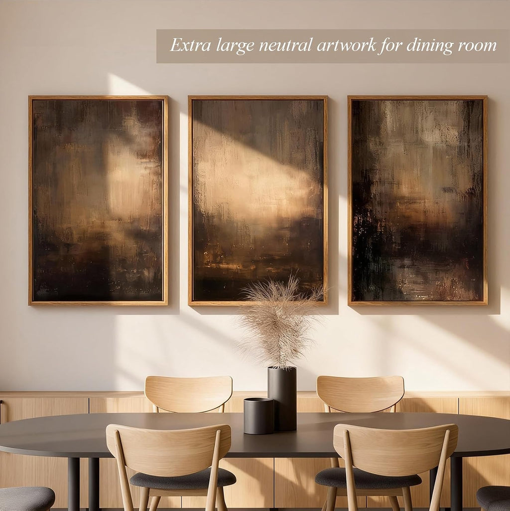 Vaskuro Extra Large Framed Art, Handmade Textured Canvas Paintings, Neutral Abstract Brown Wall Decor for Living Room, 3 Pcs,24x36In, Modern Minimalist Cozy Artwork for Bedroom