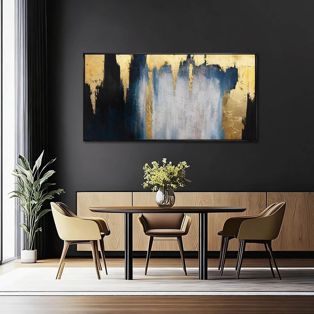 WINKAILIN Abstract Blue and Gold Wall Art with Black Frame Modern 24x48 Canvas Painting Large Artwork for Living Room Bedroom Office Home Decoration