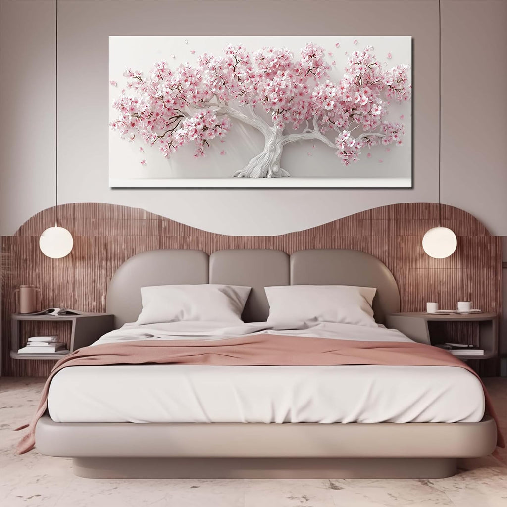 AOZEMI White Wall Art for Living Room Bedroom Home Office Pink Wall Decor Large Tree Pictures Art Flower Artwork Modern Floral Canvas 29'x 59'
