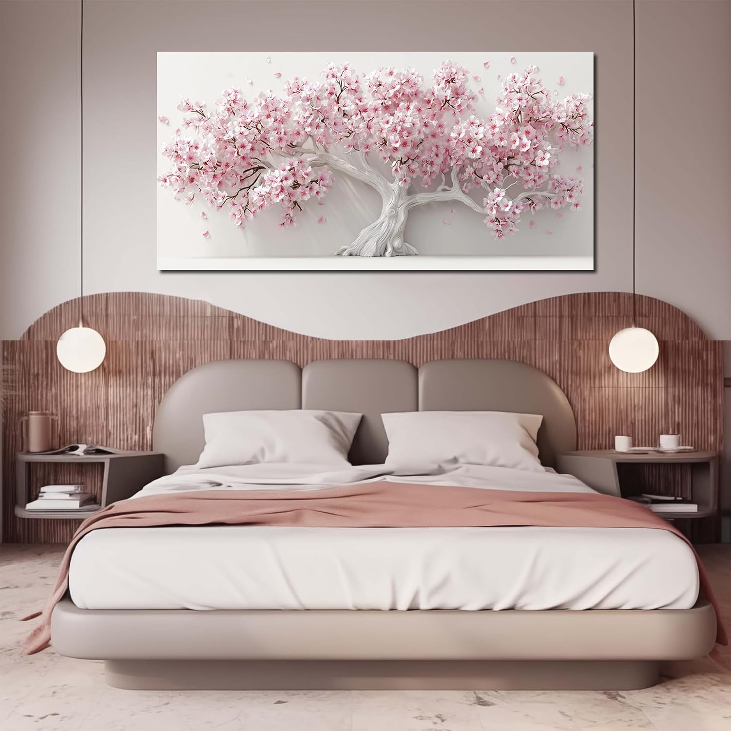 AOZEMI White Wall Art for Living Room Bedroom Home Office Pink Wall Decor Large Tree Pictures Art Flower Artwork Modern Floral Canvas 29'x 59'