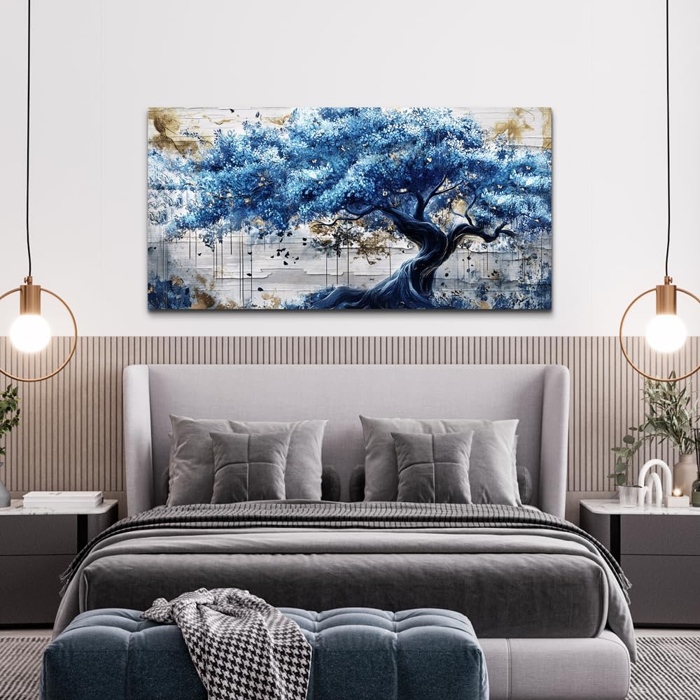 ERQINHUA Large Canvas Wall Decor For Living Room Wall Art For Bedroom Office Decor Blue Tree Wall Paintings Farmhouse Abstract Watercolour Pictures Artwork Home Decor Ready To Hang Posters 30'X60'