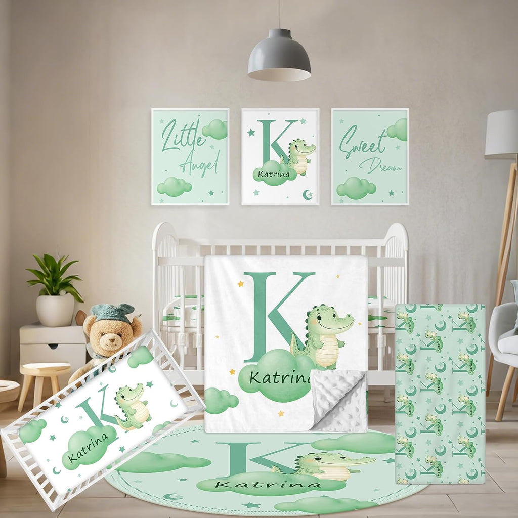 Terwex Custom Baby Bedding Set, 5 Pcs Personalized Baby Crib Sets with Name, Toddler Bedding Set for Baby Girls Boys, Green Crocodile Double Layer Nursery Bedding Set, Customized Gifts for Infants