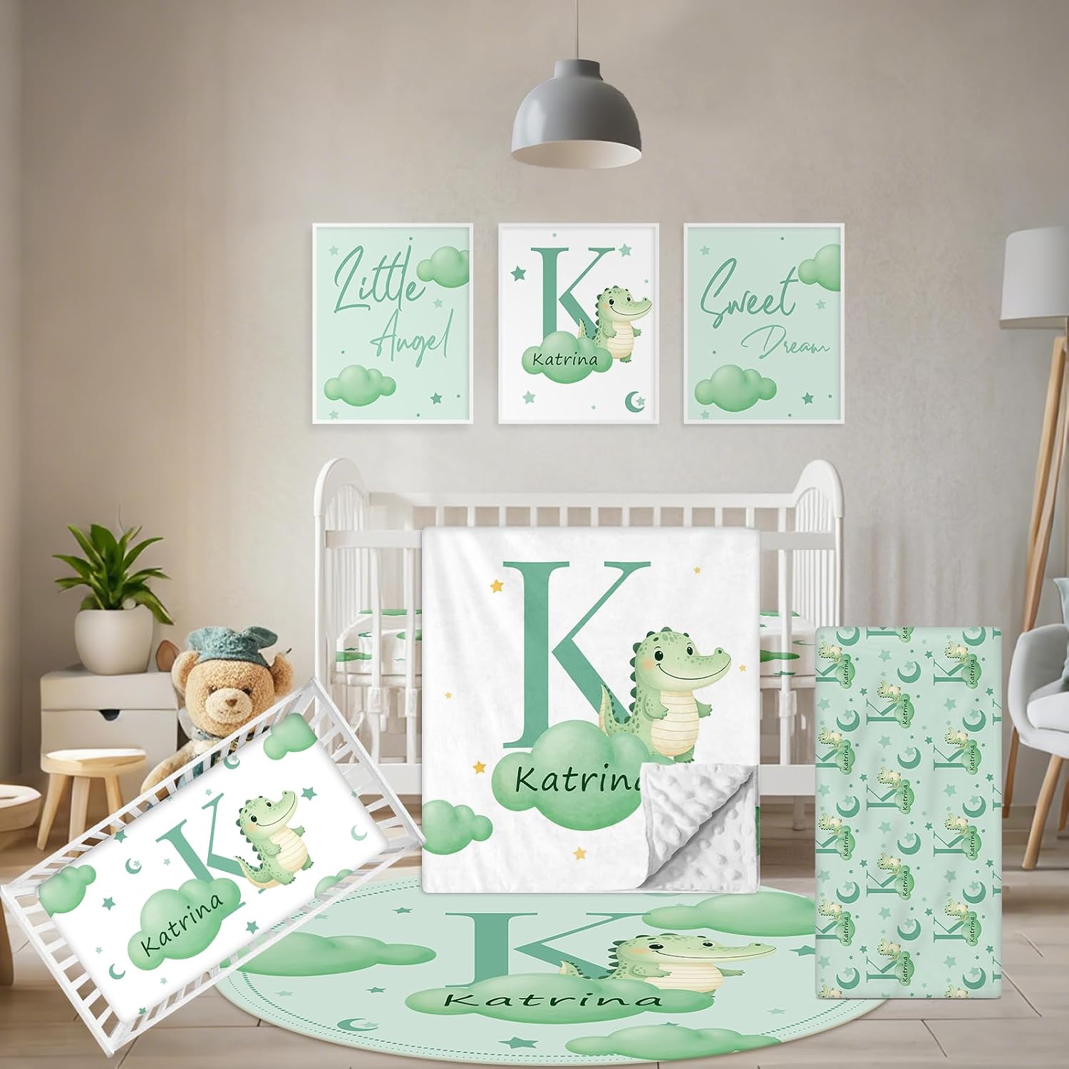 Terwex Custom Baby Bedding Set, 5 Pcs Personalized Baby Crib Sets with Name, Toddler Bedding Set for Baby Girls Boys, Green Crocodile Double Layer Nursery Bedding Set, Customized Gifts for Infants