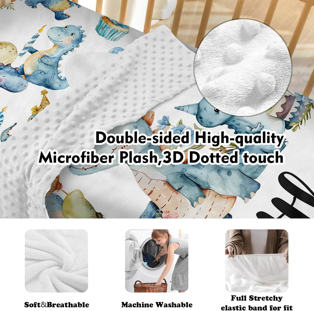 Personalized Crib Bedding Set for Baby Boys Girls, Custom Name Baby Crib Sets 5-Pcs - Toddler Double Layer Blanket Fitted Sheet Changing Pad Cover Rug Wall Art Set, Dinosaur Theme Nursery Décor