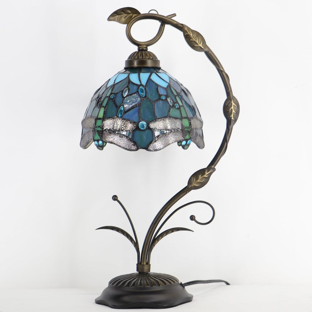 Tiffany Lamp Stained Glass Table Lamp Metal Leaf Base 8X10X19 Inch Reading Desk Light (Sea Blue Dragonfly)